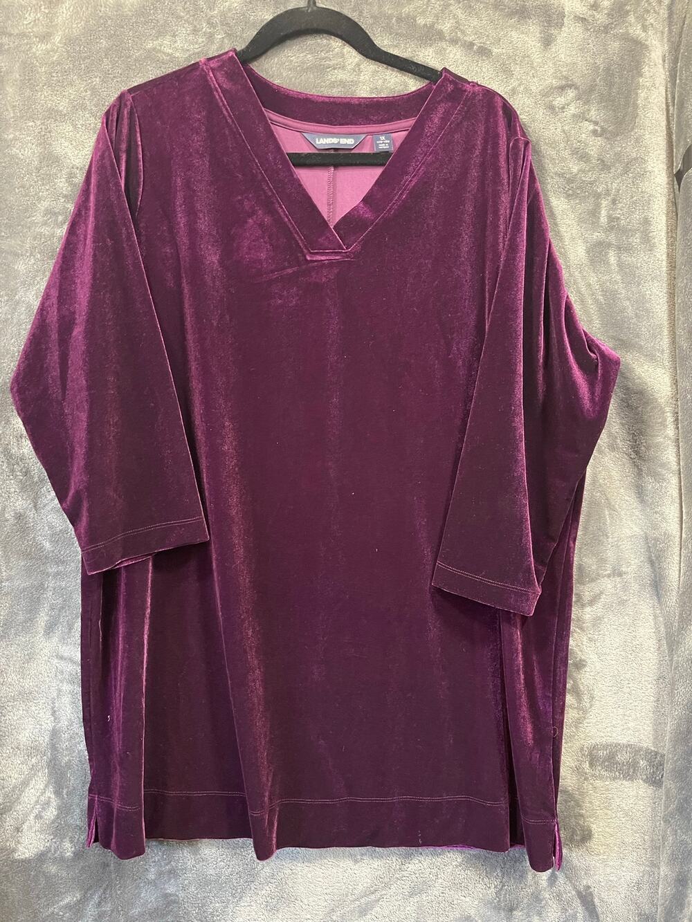 Lands End Womens 1X Purple Velvet Notch Neck 3/4 Sleeve Tunic Top